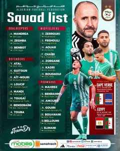 Le sélectionneur de l’équipe nationale de football, Djamel Belmadi, a dévoilé vendredi soir une liste de 25 joueurs, en vue des deux prochains matchs de l'équipe nationale face au Cap Vert et l'Egypte pour la date FIFA d'octobre 2023. 
Cette liste est marquée par le retour d’Islam Slimani et de l’absence de trois joueurs convoqués au dernier stage des Verts, à savoir Himad Abdelli, Baghdad Bounedjah et Aimen Mahious. 
Djamel Belmadi a choisi 25 joueurs avec deux nouveautés, la première convocation attendue d'Amine Gouiri et celle plus surprenante de Bachir Belloumi, le fils de la légende Lakhdar Belloumi.


